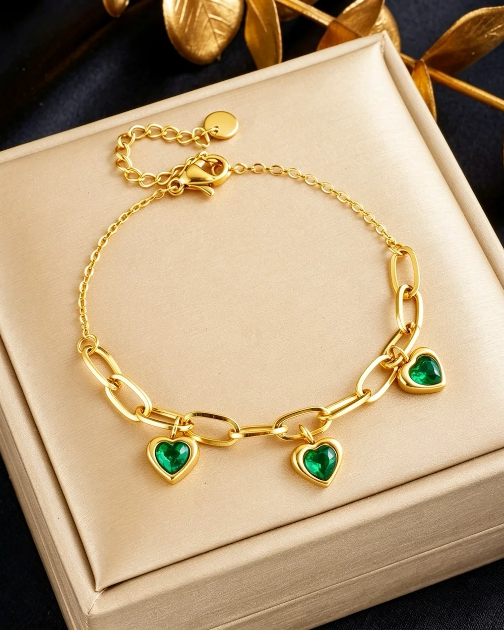 Heartbeat Luxe Retro Gold Plated Love Pendant Titanium Steel Chain Bracelet in Gold Green